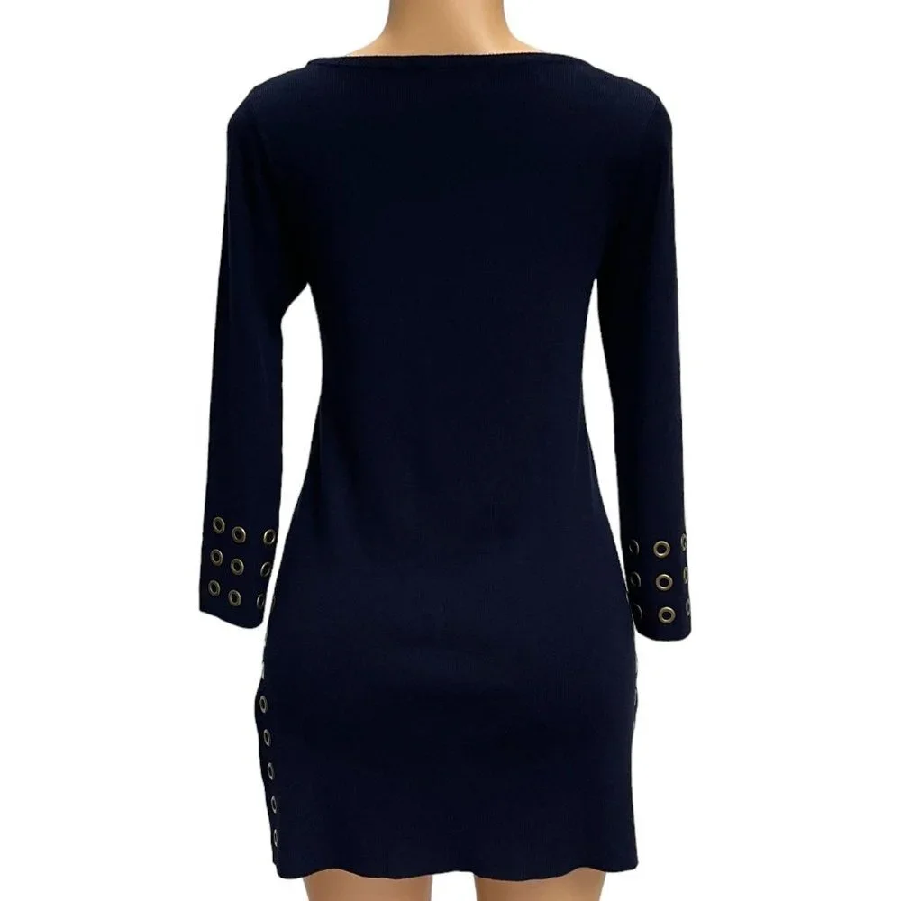 Joseph A Women Pullover Sweater Navy Blue Boat Neck Bronze Tone Eyelets NWOT - Picture 3 of 10